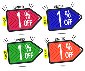 Set Sale 1% off banners discount tags design template, promo app icons, vector illustration colorful