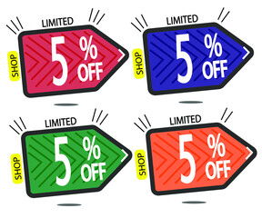 Set Sale 5% off banners discount tags design template, promo app icons, vector illustration colorful