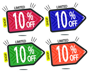 Set Sale 10% off banners discount tags design template, promo app icons, vector illustration colorful