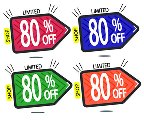 Set Sale 80% off banners discount tags design template, promo app icons, vector illustration colorful