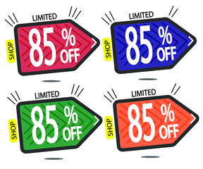 Set Sale 85% off banners discount tags design template, promo app icons, vector illustration colorful