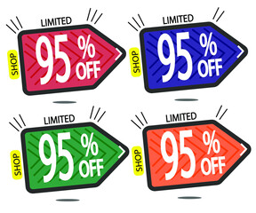 Set Sale 95% off banners discount tags design template, promo app icons, vector illustration colorful