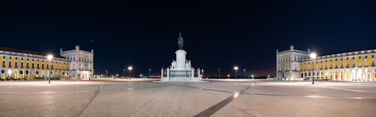 Commerce Square panorama (Praca do Comercio) with statue of of King Jose I in Lisbon. Portugal