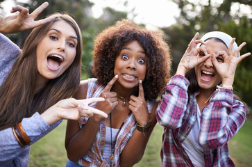 Having a great time with friends. Cropped portrait of a group of girl friends pulling funny faces while at the park.