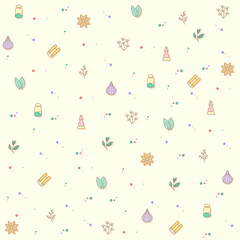 pattern on the theme herbs, spices, basil, parsley, rosemary, bay leaf, chili, onion, dill, cloves, garlic and more. simple color icons on beige background.