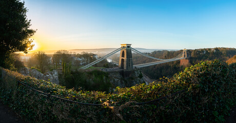 Clifton suspension bridge panorama at sunrise in Bristol, England