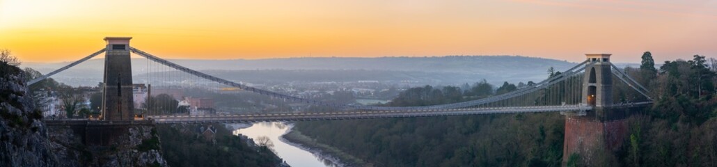 Clifton suspension bridge panorama at sunrise in Bristol, England