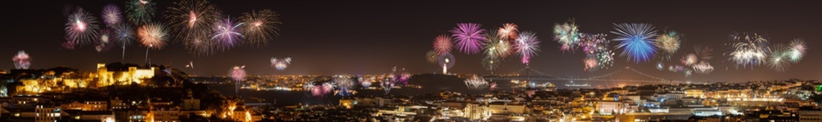 Skyline panorama of Lisbon with firework display. Portugal