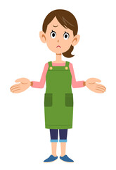 両手を広げて呆れるエプロンをつけた女性の全身
