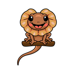 Cute little frilled lizard cartoon on tree branch