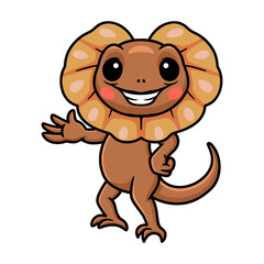 Cute little frilled lizard cartoon waving hand
