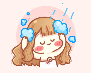Cute girl wash hair hygiene and cleanliness beauty care hand drawn cartoon art illustration