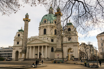 Fototapeta premium View to famous baroque St. Charles Church or Karlskirche in Vienna, Austria. January 2022