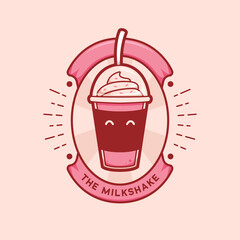cute pink strawberry milkshake cup drink logo mascot cartoon badge