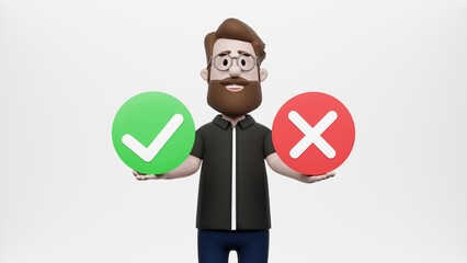 3D Illustration Casual Man Open-minded for Discussion Decision Making Informative Selection Corporate Infographic Cartoon Character Positive Smile Presentation Explain Showcase with Right and Wrong