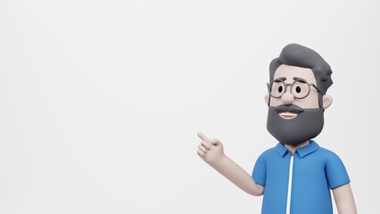 3D Illustration Man Pointing Finger Informative Casual Announcement Infographic Resource Blank White Space Background Template Presentation Person Advertisement Smiley Explain Cartoon Character