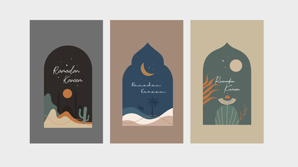 Collection of Ramadan Kareem greeting cards illustration design vector template. Ramadan Mubarak cards with modern bohemian style design