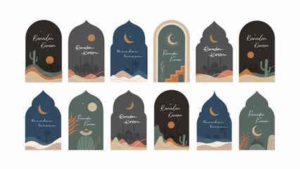 Collection of Ramadan Kareem greeting cards illustration design vector template. Ramadan Mubarak modern cards with retro boho style design, islamic frame, crescent, mosque, moon and desert. - obrazy, fototapety, plakaty