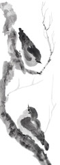 Couple of small fluffy birds (sitting on a tree branch, painted with ink  on xuan (rice) paper, oriental style). Texture of paper and brush strokes - intact. Background`s been removed.
