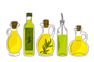 Set of hand drawn glass bottles with olive oil isolated on a white background. Vector illustration.