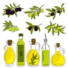 Hand drawn olive branches and set of glass bottles with olive oil isolated on a white background. Vector illustration.