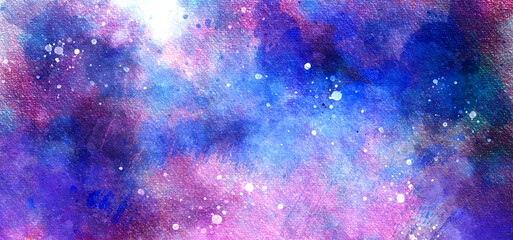 Cosmic neon light blue watercolor background. Paper textured aquarelle deep black canvas for modern creative design. Watercolor background Space, nebula, night Star sky posters, banners, web design