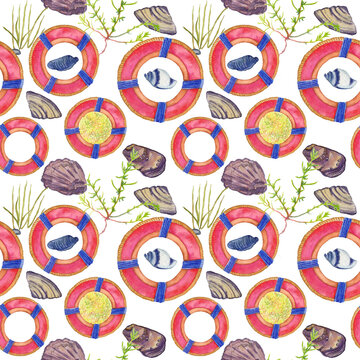 Marine Watercolor pattern . Lifebuoy , seaweed , seashells on a white background . Summer vacation design for packaging, fabric, textiles, printing