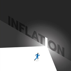 A Businessman runs to the white exit with light from the dark, Text wording INFLATION on the big black wall with an opening. Business concept of ambition, challenge, achievement, motivation, chance.