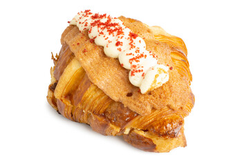 Fresh Baked Croissant Almond Rose Tea Lychee Raspberry, golden brown and crispy French breakfast and snack, isolated on white background. Clipping path.