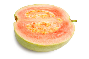 Fresh Organic Raw Thai Guava cut half showing red texture on white background