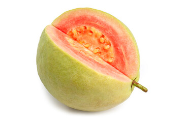 Fresh Organic Raw Thai Guava cut in piece showing red texture, isolated on white background with clipping path