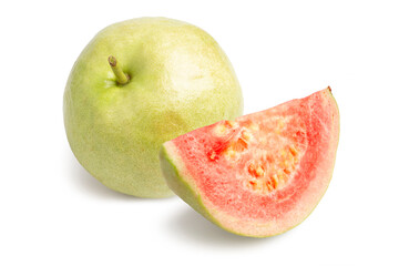 Organic Fresh Raw Thai Guava both in whole and cut in piece showing red texture, isolated on white background with clipping path