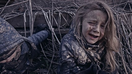 Fototapeta premium Children without a home, apocalypse, war