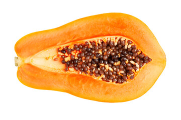 Half Cut of Fresh Ripe Holland Papaya with seeds isolated on white background. Clipping path	
