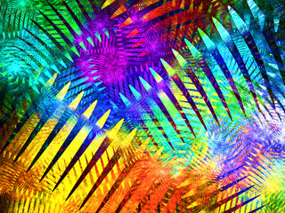 Composición de arte digital abstracto consistente en puntas paralelas ordenadas en espiral en colores vivos en un todo que simula ser la vista aérea de una jungla arcoiris.