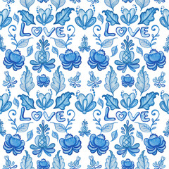 Watercolor pattern gzhel . Blue Inscription love . Ethnic folk patterns , leaves , flowers on a white background . Plant motifs design . Blank for fabric , printed products