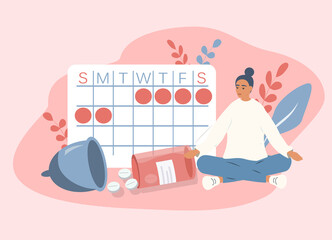 vector hand drawn illustration in flat style on the theme of menstruation. calendar, menstrual cup, pills and meditating girl