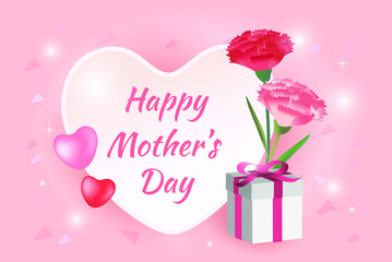Happy mother's banner day pink elegant carnation flower and gift with shining bokeh background