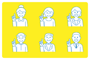 人差し指を立てるいろいろな人7　高齢者と若者　線画