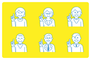 人差し指を立てるいろいろな人8　高齢者と若者　線画
