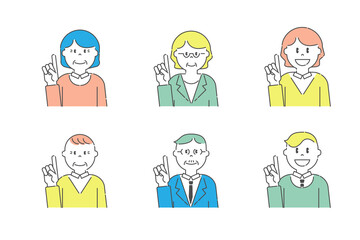 人差し指を立てるいろいろな人10　高齢者と若者　カラー