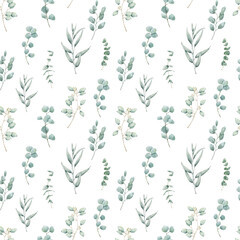Watercolor cute floral Allover seamless pattern with eucalyptus branches. Spring colorful decor with hand drawn botanical illustrations leaves on white background