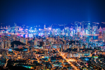 Fototapeta na wymiar panorama epic view of Hong Kong Night, from Kowloon to Hong Kong Island. metropolis in Asia