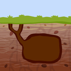 Animal hole and burrow. Scheme of hiding insects and rodents, mice in ground. Tunnels in ground. Underground background. Flat design