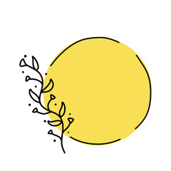Background with copy space with natural pattern. Silhouette of plants and flowers for print and circle label. Yellow Template for Natural cosmetics.