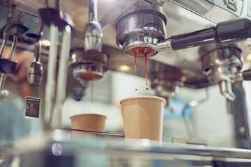 Professional coffee machine with portafilter in cafeteria