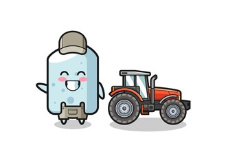 the chalk farmer mascot standing beside a tractor