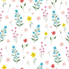 Seamless flower pattern. Bright floral background with blossoms and blooms print. Colored flat vector illustration for textile. Repeating texture design.