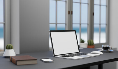 Fototapeta na wymiar laptop blank screen on table at home. 3d rendering