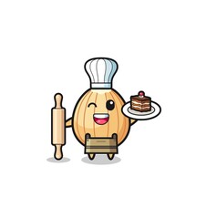 almond as pastry chef mascot hold rolling pin